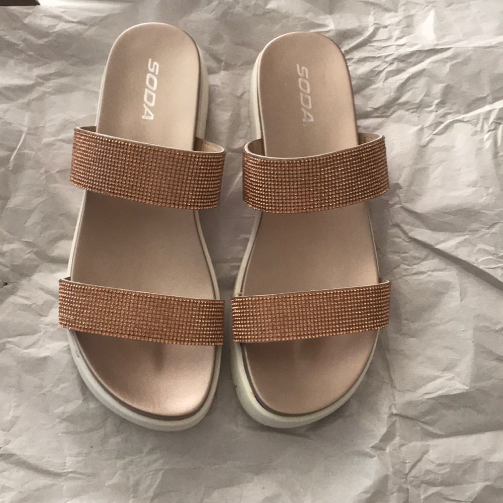 SODA rose gold jeweled two strap sandals
